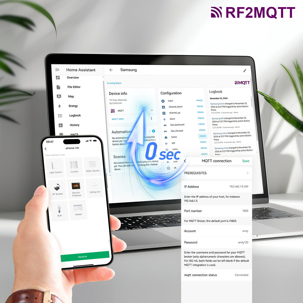 LinknLink eHome HA: RF Controller for Light Switch, Ceiling Fan, RF2MQTT Home Assistant, Compatible with Alexa, Google Home